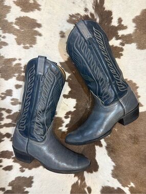 Vintage Black Label Tony Lama Two-Tone Gray and Navy  Leather Cowboy Boots 9 1/2